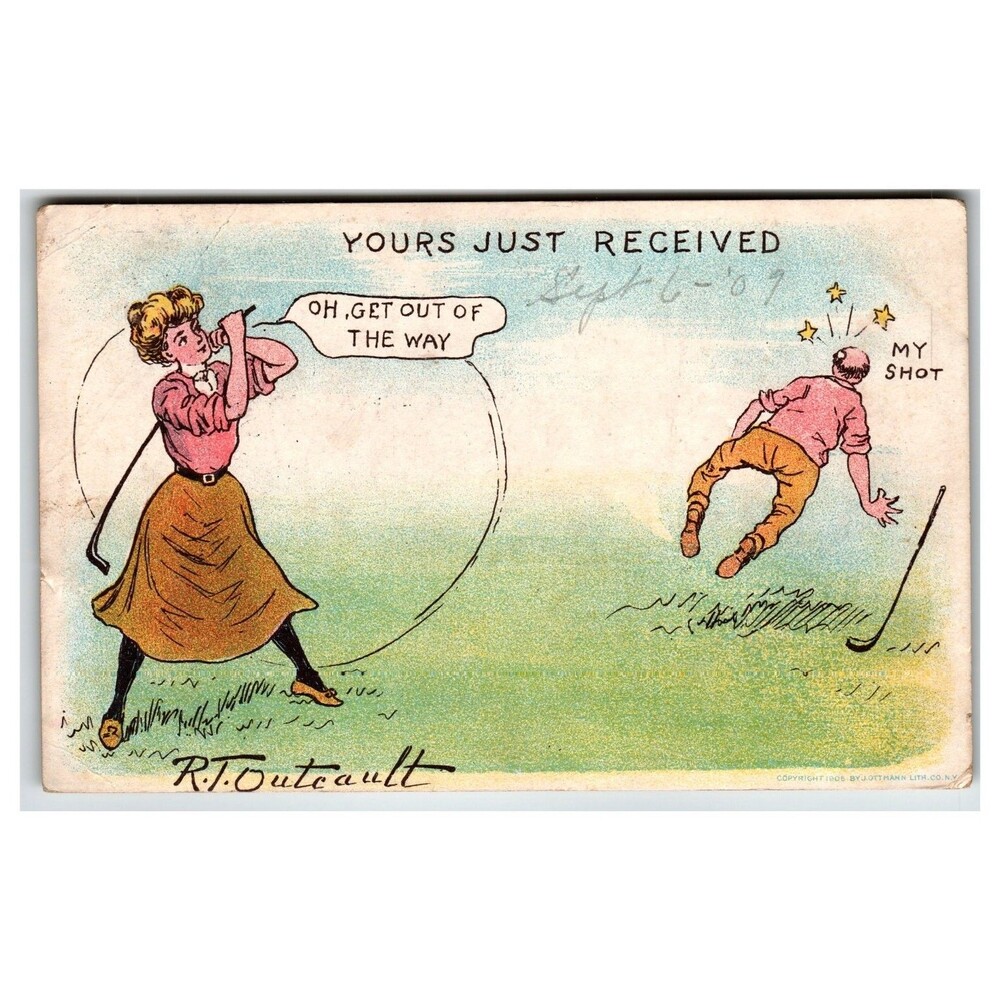 Humorous Golf Postcard 1909 R.F. Outcault "GET OUT OF THE WAY" Cartoon